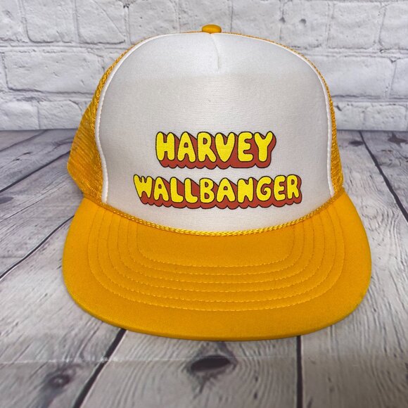 Vintage Trucker Hat Mesh Cap Snapback Yellow White Harvey WALLBANGER Print Logo - Picture 5 of 8